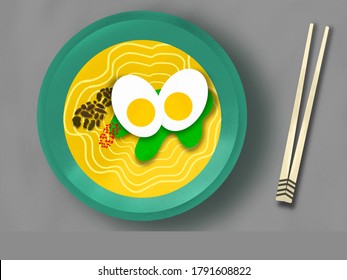  Plate of ramen, and chopsticks for eating on a gray background