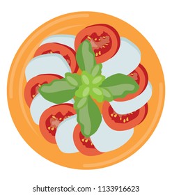 
A plate readied with tomato, reddish and green salad leaves, icon denoting salad
