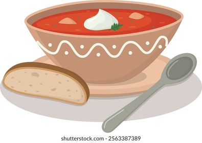 A plate of red borsch with sour cream and with a spoon and bread nearby. Cute flat illustration of traditional Ukrainian soup with beets and cabbage	