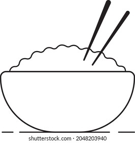 Plate of rice. Asian food. Meal time. Cutlery. Rice sticks. Black and white. White background. Line drawing.