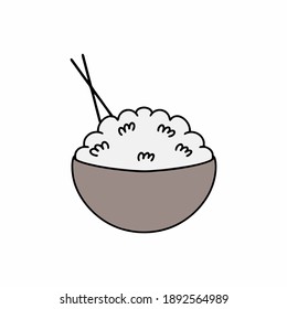 A plate of rice and Japanese chopsticks. Traditional Japanese dish. Vector icon in doodle style. Drawing of rice on a white background.