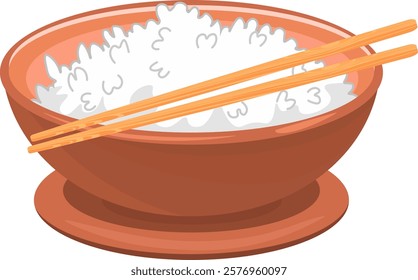 Plate of rice with wooden chopsticks without background