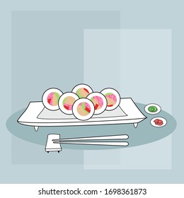 Plate with roll on on a blue background  side view Japanese food
