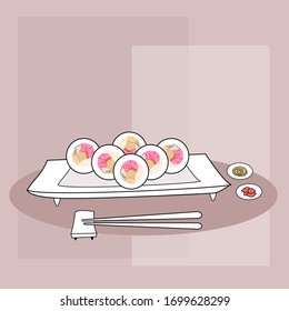 Plate with roll on on a red background  side view Japanese food