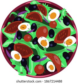 
A plate of salad with tomatoes, herbs, olives, eggs and spices. Vector flat illustration. 