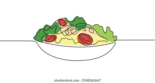 Ein Teller Salat mit verschiedenen Gemüsesorten, eingefangen in einer durchgehenden einzeiligen Zeichnung. Minimalistische Darstellung des Essens.