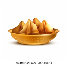 Plate with samosa isolated on white. Traditional Indian pies with filling. Vector illustration. 