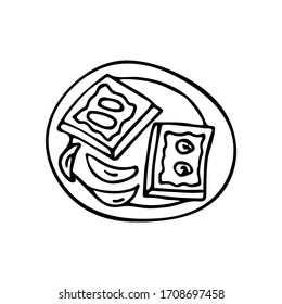 Plate with sandwiches and slices of fruit. Black and white doodle illustration vector. Breakfast or lunch