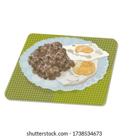 Plate with a serving of fried eggs and buckwheat porridge on a serving napkin