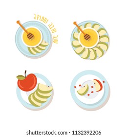 Plate set with sliced apples and honey for Jewish Holiday Rosh Hashana. View from above. Hebrew greeting wishing happy and sweet new year. vector illustration