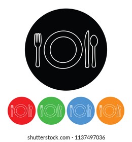 Plate setting with fork knife & spoon icon in a modern thin line outline style vector circle food & silverware sign or symbol with four color variations