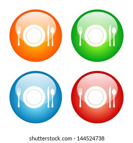 Plate Setting with Fork Knife and Spoon Icon Colorful Glass Button Icon Set.  Vector format, colors can be adjusted easily. Shiny plastic style with blue, red, green and orange colors 