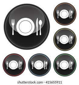 Plate Setting with Fork Knife and Spoon Icon Glossy Button Icon Set in With Various Color Highlights