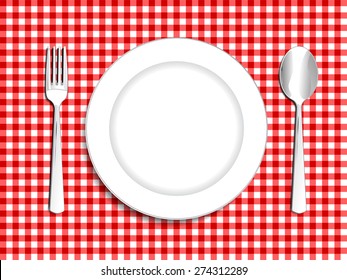 Plate setting white with red checkered tablecloth  spoon and fork vector illustration