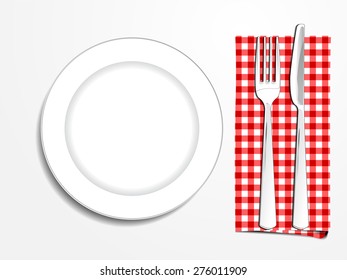 Plate setting white with red checkered napkin knife and fork top view vector illustration