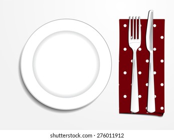 Plate setting white with red polka dot napkin knife and fork top view vector illustration