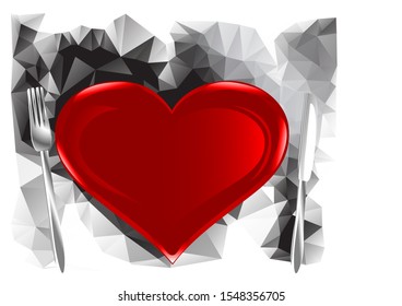 plate and shadow. plate as heart with fork and knife on abstract background