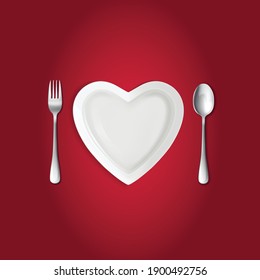 Plate en forma de corazón con cuchillo, tenedor. El amor, el símbolo de amor y cuidado de San Valentín. Ilustración del vector sobre fondo rojo