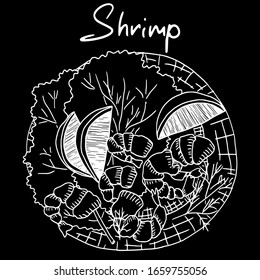 plate with shrimp and lemons doodle sketch. new vector stock illustration