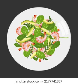 Plate with shrimp salad, rucola and spinach. Menu restaurant, cafe. Dishes for lunch and dinner. Flat vector illustration isolated on a white background.