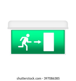 The plate with the sign of an emergency exit indicating the direction of exit in case of danger, the illuminated lamp. Isolated on white background.