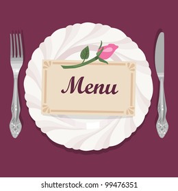 Plate, silverware and card