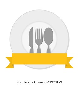 plate with silverware and decorative ribbon over white background. colorful design. vector illustration