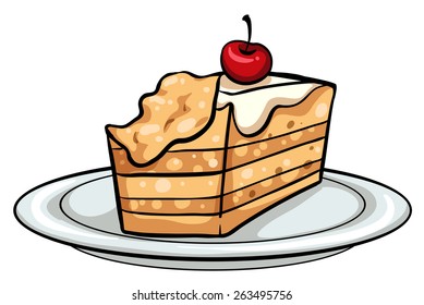 Plate with a slice of cake on a white background