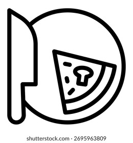 Placa con rebanada de pizza y el icono de línea de cuchillo, concepto de comida de cocina. Gráficos de Vector. Letrero de la pizza en el fondo blanco, icono del estilo del contorno para el móvil o el Diseño web