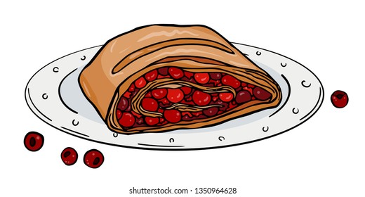 plate with slice Viennese cherry strudel isolated on white background 