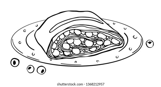 plate with slice Viennese cherry strudel black outline isolated on white background