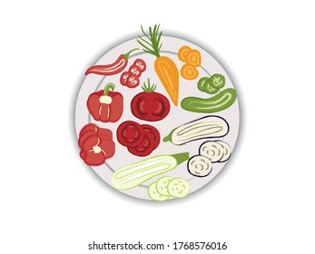 Plate with sliced fresh vegetables, vector illustration, food on a white background