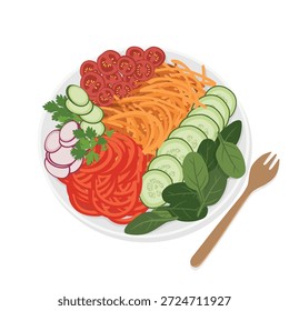 Un plato de verduras en rodajas que incluye pepinos, zanahorias, pimientos y rábanos con un tenedor sobre un fondo blanco.