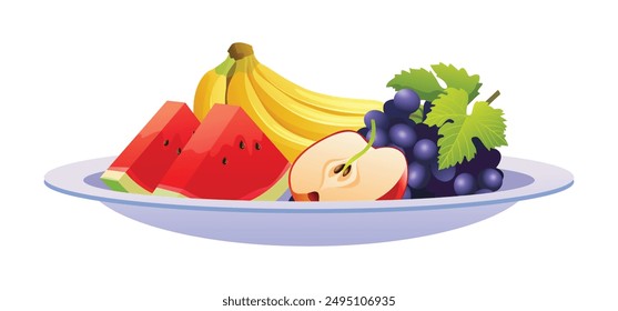 Teller mit Wassermelonenscheiben, Bananen, Apfel und Trauben. Vektorgrafik Cartoon Illustration