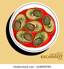 A Plate Of Snail Dish Prepared With Butter And Garlic, And Served In A Shell Known As Escargot With Bold Texts , National Escargot Day May 24