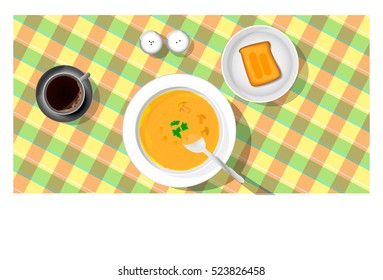 plate with soup, bread, and black cup of coffee