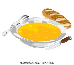 Plate with soup and bread on white background is insulated