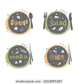 Plate with soup, salad, noodles and rice. Vector hand drawn icons for restaurant menu. Set of stickers with stylized lettering.