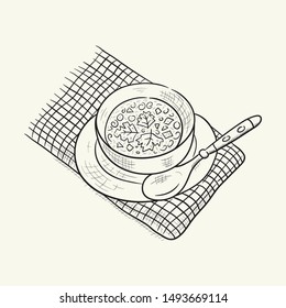 Plate of soup and spoon on towel. Lunch at a restaurant or bar. Menu. Lunch on the table. Hand drawn vector illustration.