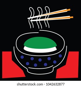 Plate with soup or wok and chopsticks white mono line square vector illustration sketch on black background