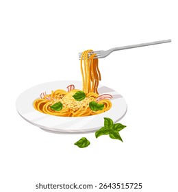 Plate of spaghetti with basil, cheese and bacon. Hand drawn vector italian food. Hand drawn pasta with a fork for packaging, product branding, menu visuals, food promotion, restaurant graphics