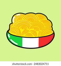 Plate of Spaghetti character. Vector hand drawn cartoon kawaii character illustration icon. Isolated on green background. Spaghetti character concept