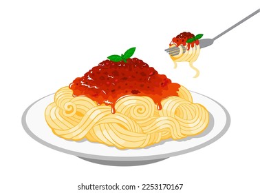 Platos de espagueti o tagliatelle de pasta de huevo con salsa boloñesa hecha con salsa de carne y tomate, queso parmesano, pasta al tenedor. Plato clásico de pasta italiana, ilustración vectorial.