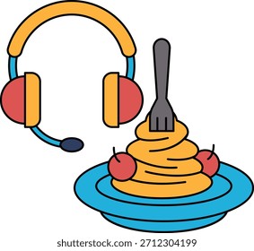 Ein Teller Spaghetti mit einer Gabel und einem Kopfhörer auf der Oberseite. Das Headset ist ein Symbol der Kommunikation und die Gabel ein Symbol des Essens. Konzept des Genusses einer Mahlzeit, während Sie mit anderen verbunden bleiben