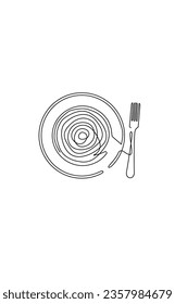 Plate with spaghetti and fork. Kitchen illustration can be yused as poster, sticker, print, wall decor, icon. Continuous line drawing art.