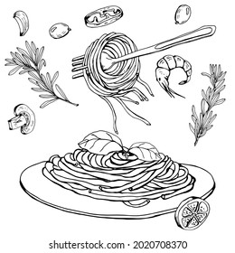 A plate of spaghetti. A fork with spaghetti wrapped around it. Pasta of Italian products. Stock vector illustration. Sketch of a flour product. Hand drawing. Isolated on a white background. For packag