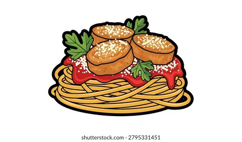 Plate of spaghetti with meatballs and sauce