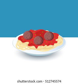 Plate of spaghetti and meatballs with tomato sauce and herbs on a table vector illustration