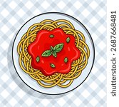 Plate of spaghetti pasta topped with tomato sauce and basil leaves, fresh Italian food design in vector style.