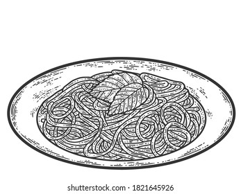 Plata con espagueti. Esbozar la imitación de tablero de arañazos. Blanco y negro.